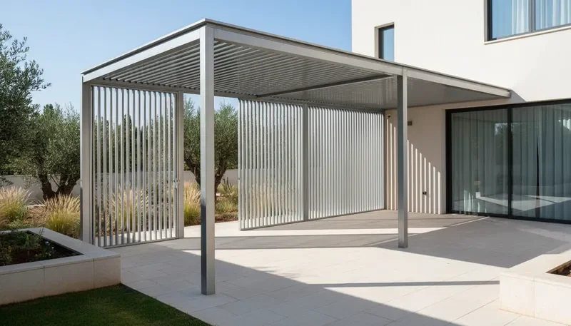 פרגולת אלומיניום מינימליסטית עם שער משולב